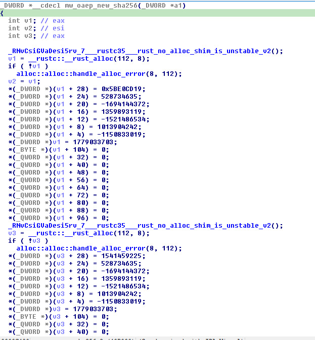 Figure 1: mw_oaep_new_sha256 pseudocode — OAEP padding initialization with SHA-256 IV constants (0x6A09E667, 0xBB67AE85, etc.)