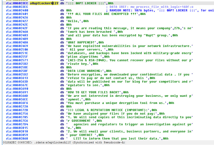 Figure 10: Ransom note embedded in .rdata — "::: 0APT LOCKER :::" header, Tor onion URL, and victim ID visible at 0x68C3EC