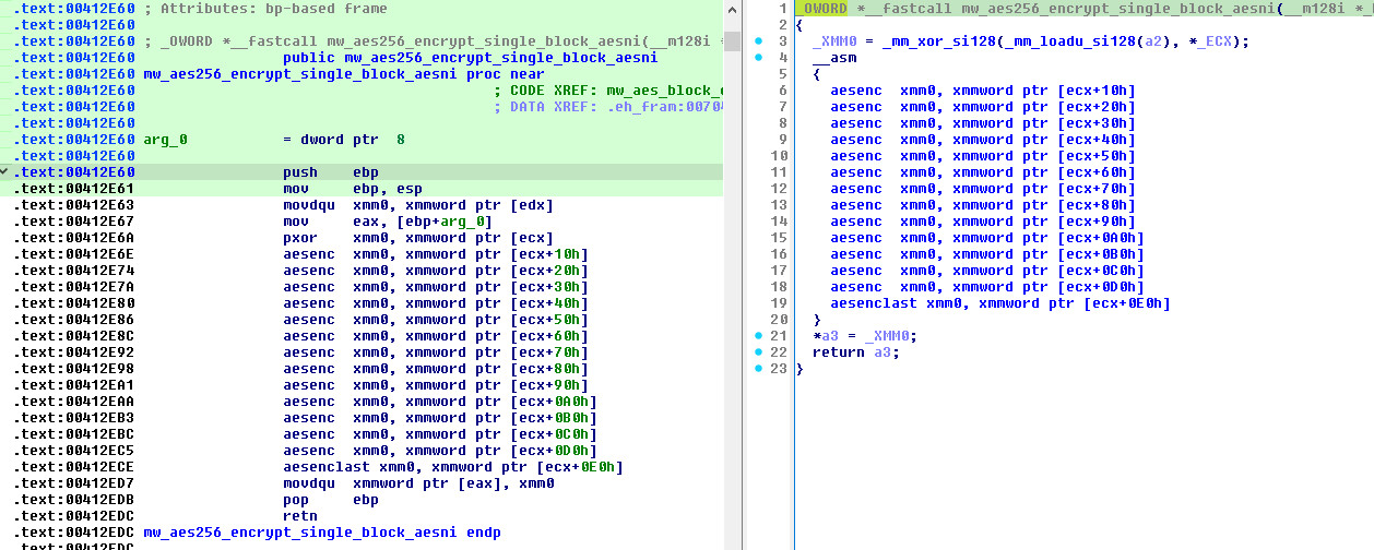 Figure 2: AES-NI single block encryption — 13x AESENC + AESENCLAST confirming 14 AES-256 rounds (disassembly and decompiler side-by-side)
