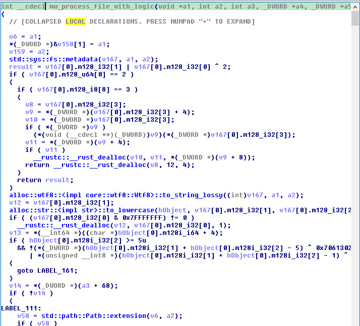 Figure 3: mw_process_file_with_logic decompiled pseudocode — the 914-line per-file encryption pipeline with .0apt extension check and config struct access
