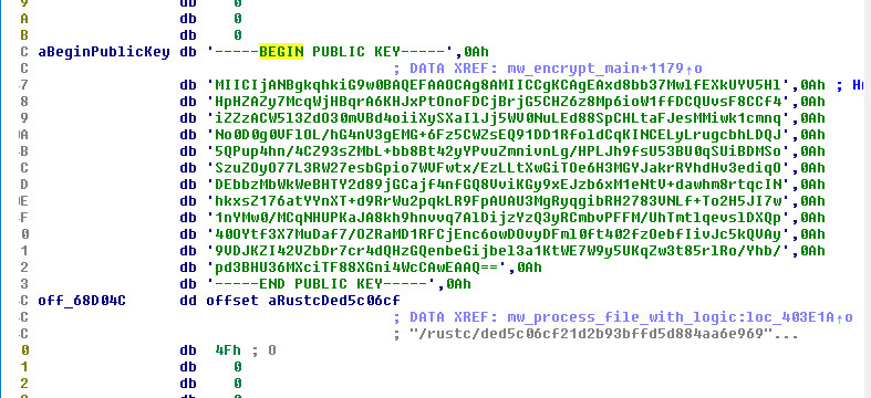 Figure 4: Embedded RSA-4096 public key in .rdata — full PEM at 0x68CD2C with cross-references to mw_encrypt_main and mw_process_file_with_logic