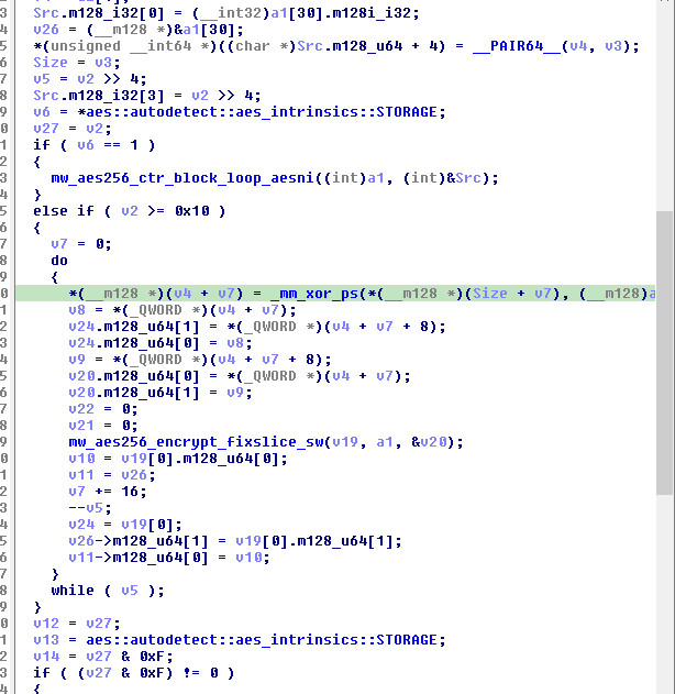 Figure 5: AES-256-CTR encryption dispatch — AES-NI hardware path vs fixslice32 software fallback based on CPUID detection