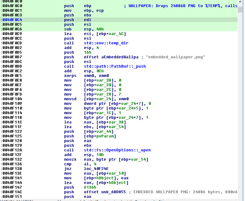 Figure 6: Wallpaper module disassembly — embedded PNG drop to %TEMP%, SystemParametersInfoW call for desktop change