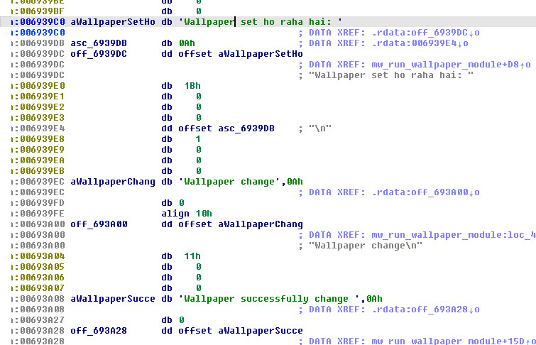 Figure 7: Hindi debug strings in .rdata — "Wallpaper set ho raha hai" and other OPSEC-leaking developer messages
