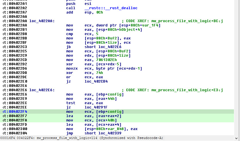 Figure 9: .0apt extension check disassembly — XOR comparison against 0x7061302E (".0ap") with config struct field access