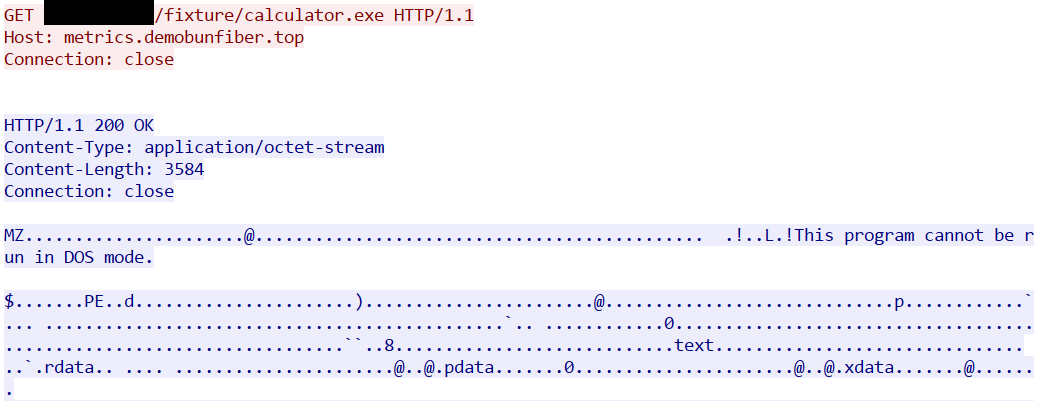TLS-decrypted Calculator-fixture GET and HTTP 200 response with Content-Length 3584, showing the beginning of the PE body.