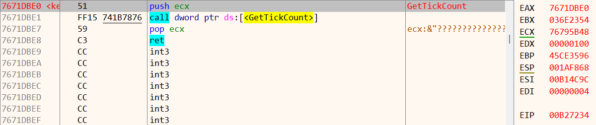 Debugger following the GetTickCount stub while EIP remains at the resolver return and EAX holds the resolved pointer.