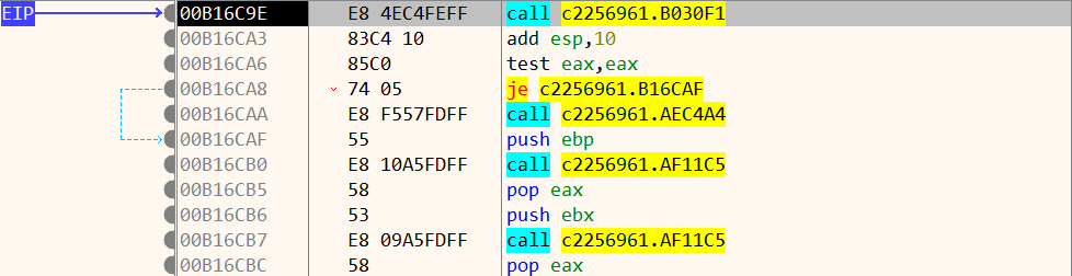 Debugger EIP marker on the extension-storage ZIP-entry call before execution.