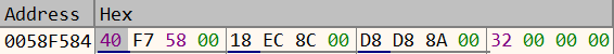 Four stack argument DWORDs at the same extension call boundary, ending in the 50-byte length.