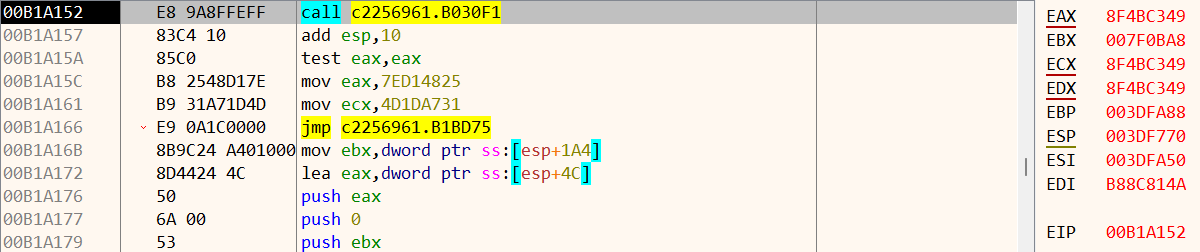 Debugger paused at the selected-file ZIP-entry call, with matching highlighted instruction and EIP.