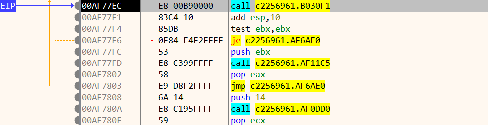 Debugger EIP marker immediately before the screenshot ZIP-entry call.