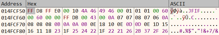 The first 64 bytes at the screenshot buffer pointer show a JPEG SOI and APP0 header with JFIF identifier.