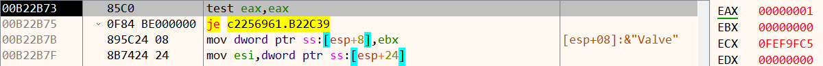 Debugger stopped at the test following the DPAPI return, with EAX equal to 1.