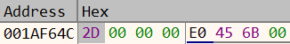 The eight-byte output DATA_BLOB contains length 45 and pointer 0x006B45E0.