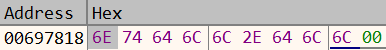 Bounded memory view showing the nine bytes of ntdll.dll followed by NUL.