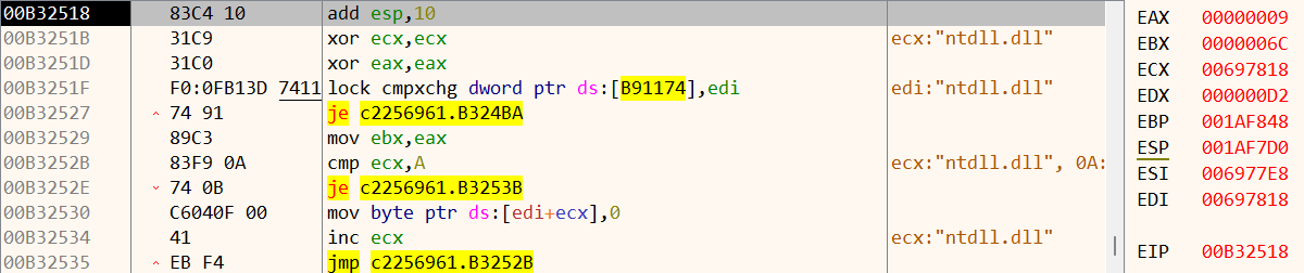 Debugger paused at the string-decoder return, with EAX equal to 9 and ECX and EDI pointing to the decoded name.