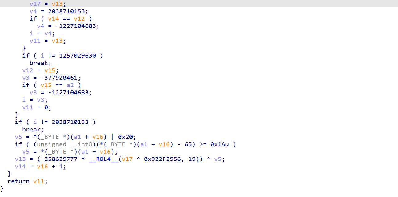 IDA view of ASCII folding and the separate export-name hash recurrence.