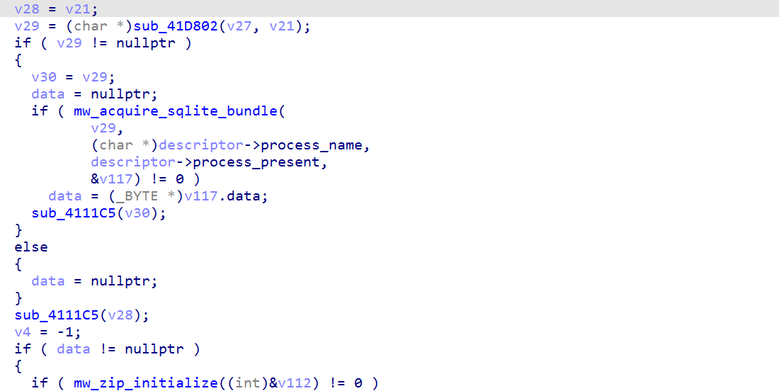 IDA view of the Chromium archive producer acquiring a SQLite bundle and checking its data pointer.