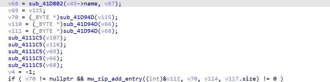 IDA view of the acquired database buffer and size entering the main ZIP entry.