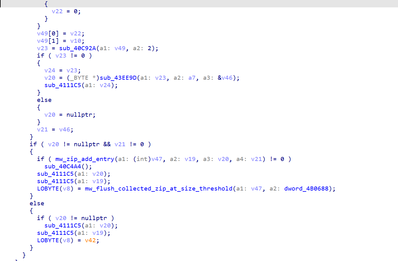 IDA view of an extension-storage buffer passed to the ZIP writer and flush helper.