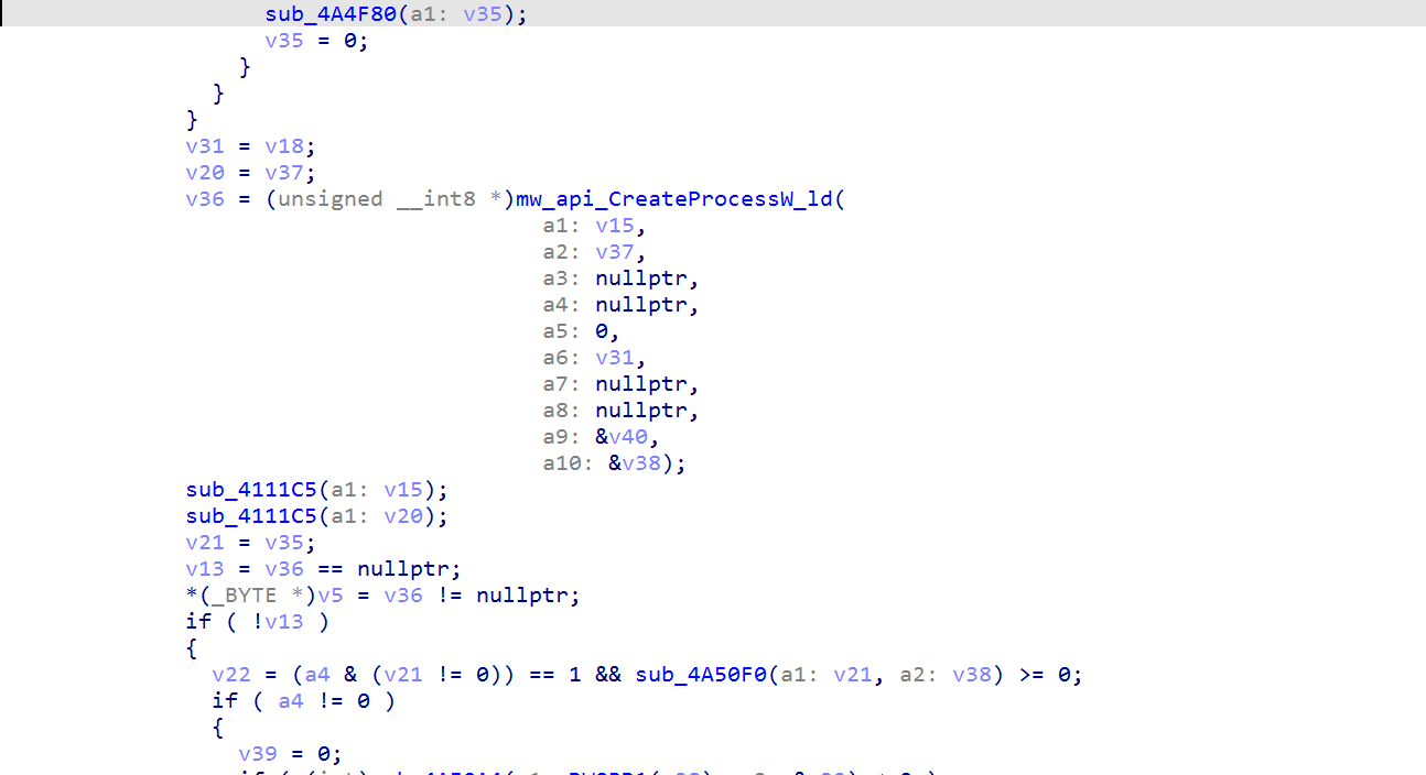 IDA view of the resolved ten-argument CreateProcessW call and success check.