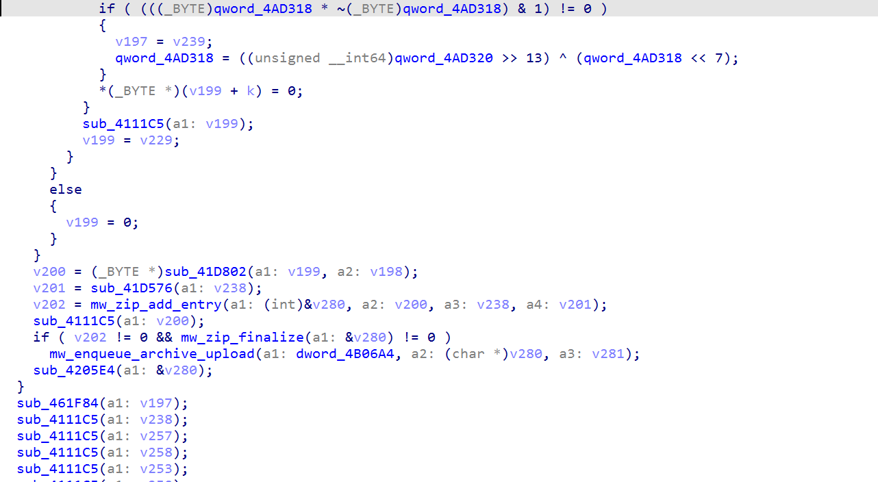 IDA view of metadata ZIP insertion, finalization and upload-queue admission.