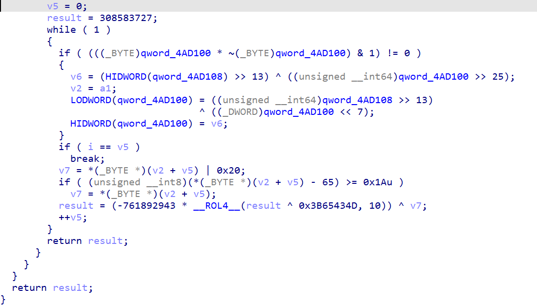 IDA view of loaded-module name normalization and hash recurrence.