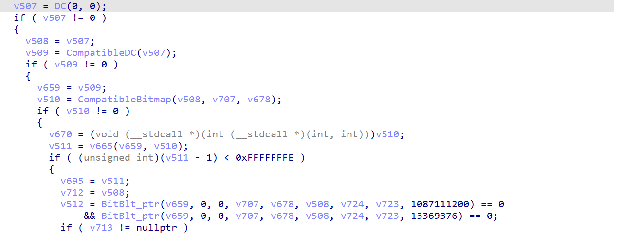 IDA view of compatible DC and bitmap creation followed by two complete BitBlt calls.