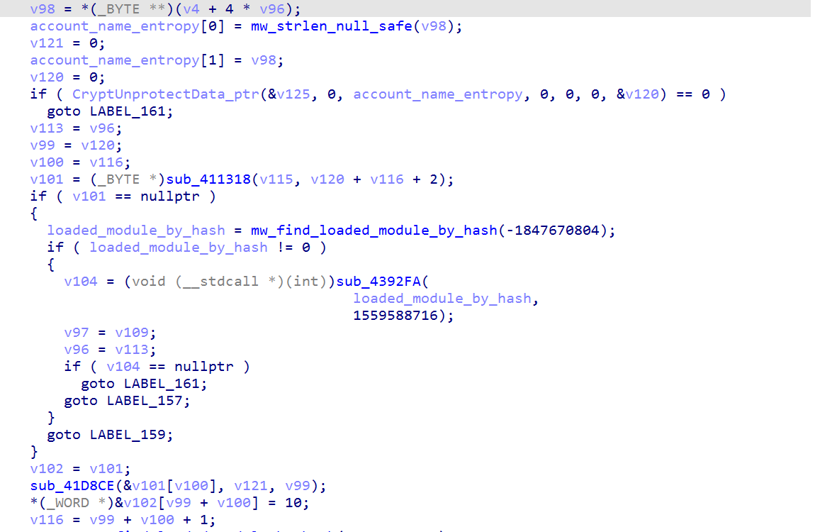 IDA view of account-name optional entropy, CryptUnprotectData and plaintext output formatting.