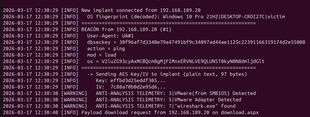 C2 simulator panel — live beacon capture