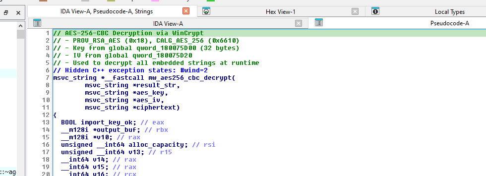 IDA Pro — AES-256-CBC decrypt pseudocode