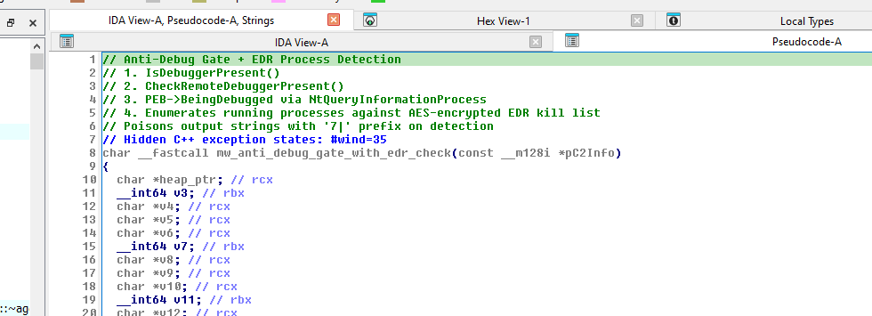 IDA Pro — Anti-debug gate with EDR check pseudocode