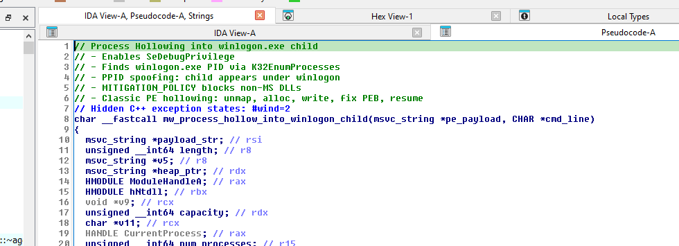 IDA Pro — Process hollowing Variant 1 pseudocode