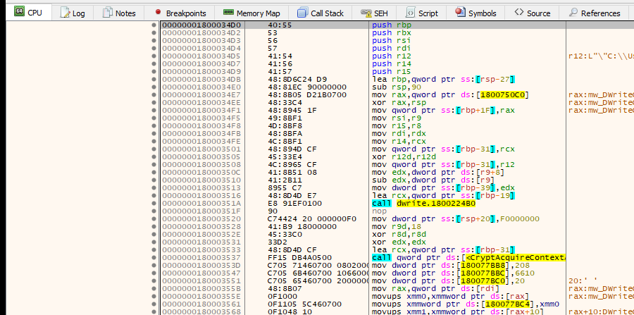 x64dbg — AES-256-CBC decryption via WinCrypt