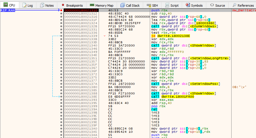 x64dbg — DWriteCreateFactory entry point disassembly
