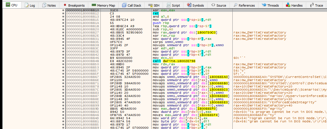 x64dbg — HVCI check with registry path