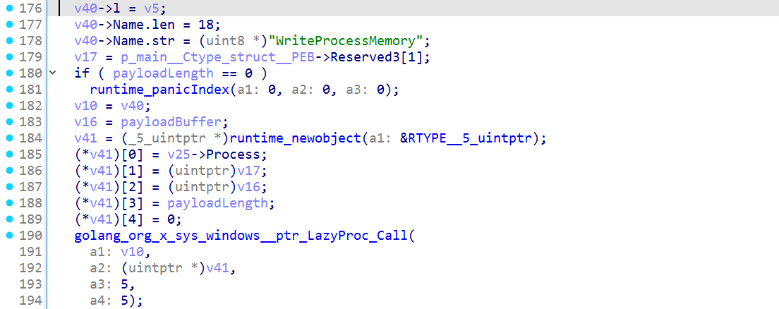 The image-base branch builds five WriteProcessMemory arguments using the PEB image-base field as the destination and the generated payload buffer as the source.