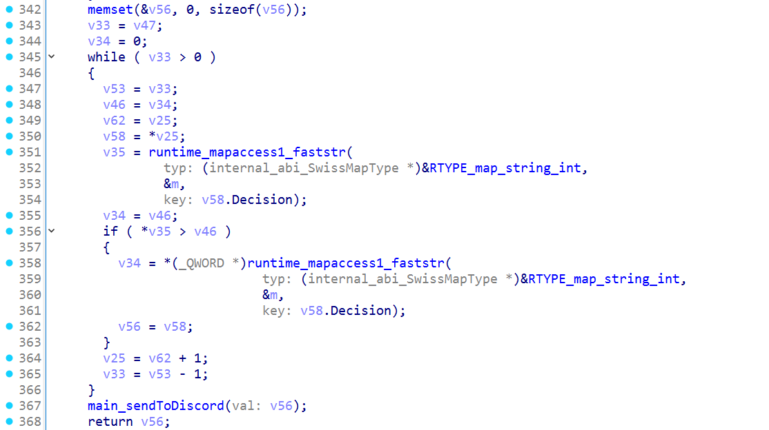 A second ordered scan looks up each decision string's count, replaces the winner only on a strict increase, and returns the selected complete object.