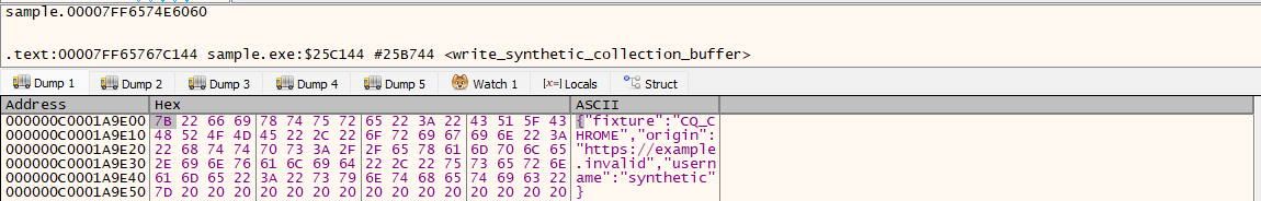 At the shared file-write call, x64dbg's dump pane shows the fixed Chrome marker across six sixteen-byte rows.