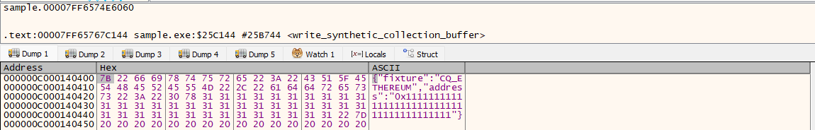 At the shared file-write call, x64dbg's dump pane shows the fixed Ethereum marker across six sixteen-byte rows.