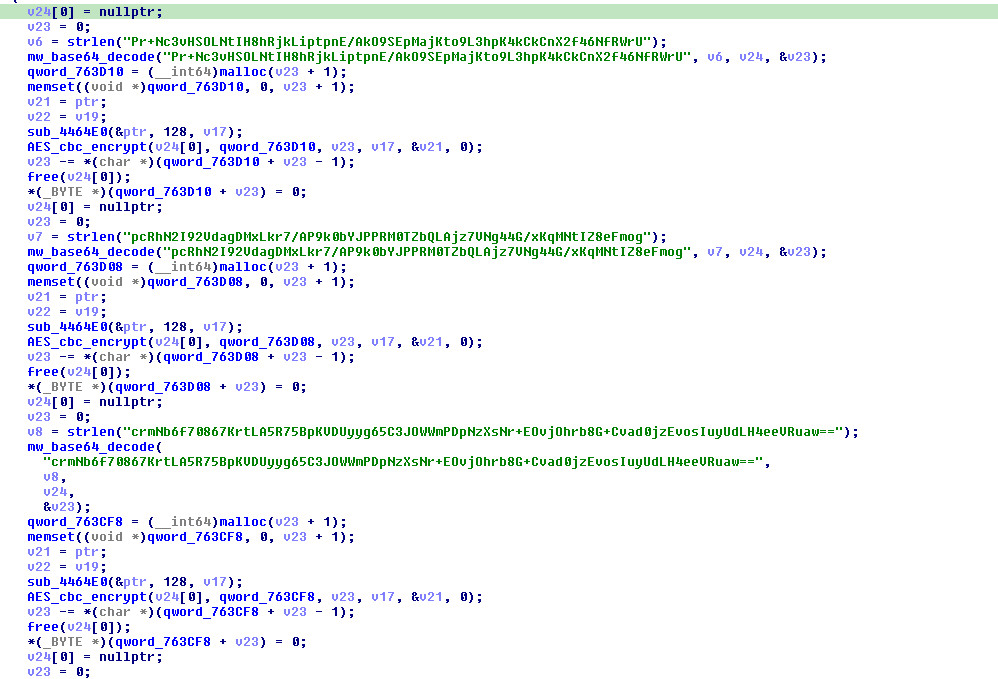 Repeated Base64 decode, AES CBC decrypt and trailing-byte padding removal for configuration fields
