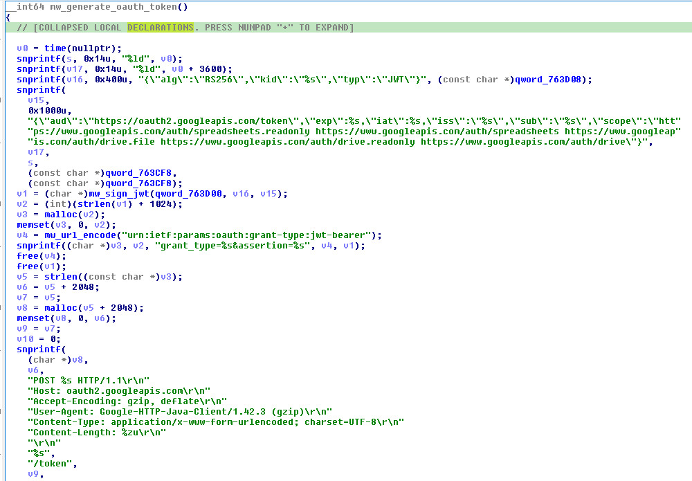 JWT construction with numeric timestamps, account identity, API scopes and a token request