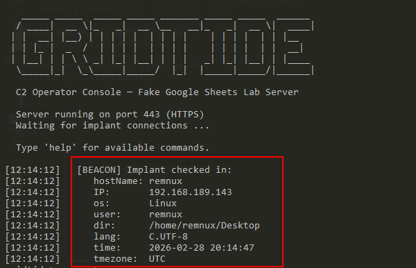 Figure 33: C2 server startup and implant beacon check-in