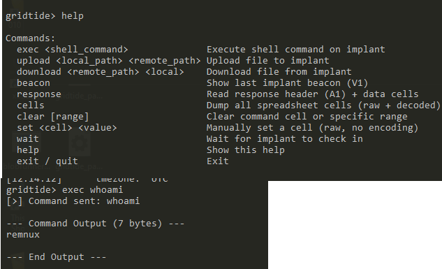 Figure 34: C2 operator console — `exec whoami` command execution