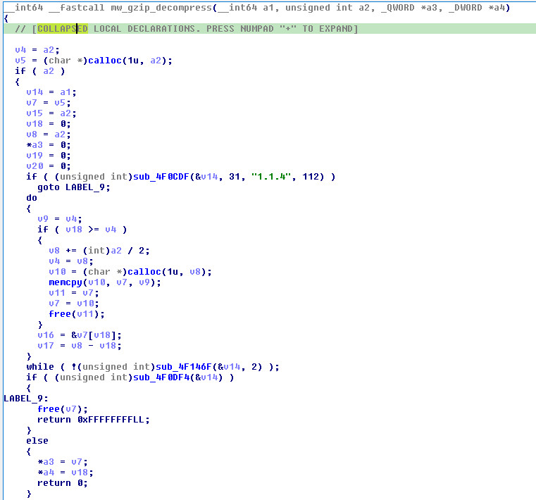 Figure 28: IDA pseudocode of `mw_gzip_decompress` (`sub_4077A0`) — `inflateInit2_` with windowBits=31