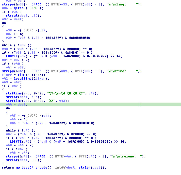 Figure 31: IDA pseudocode of beacon construction (`sub_4080C0`) — `sprintf` calls building the fingerprint string