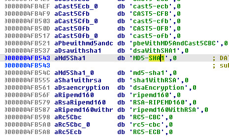 Figure 14: IDA string reuse — `"MD5-SHA1"` at offset +6 yields `"A1"` for the command cell reference